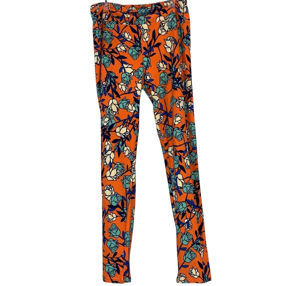 LuLaRoe Floral Leggings One Size Orange Teal‎ Rose Print Stretch Pants